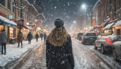 1girl, long hair, brown hair, hat, outdoors, multiple boys, sky, from behind, coat, night, ground vehicle, building, scenery, motor vehicle, snow, snowing, city, sign, beanie, winter clothes, car, road, winter, lamppost, street