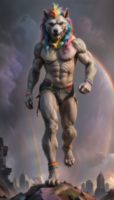 solo,looking at viewer,open mouth,red eyes,1boy,navel,animal ears,jewelry,underwear,nipples,blue hair,tail,full body,male focus,thighs,multicolored hair,sky,shorts,teeth,cloud,bracelet,muscular,fangs,piercing,abs,cloudy sky,pectorals,muscular male,building,bara,claws,furry,large pectorals,bulge,topless male,city,anklet,furry male,male underwear,rainbow,chest hair,grey fur,furrification,rainbow hair,long hair,pink hair,red hair,stomach,two-tone hair,wristband,navel hair