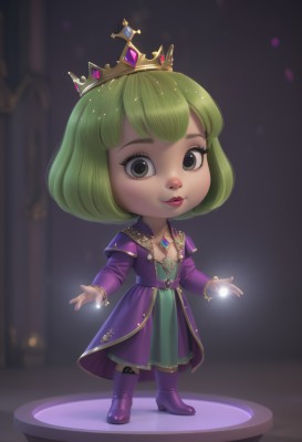 1girl,solo,breasts,looking at viewer,smile,short hair,bangs,long sleeves,dress,jewelry,closed mouth,standing,full body,boots,green hair,artist name,necklace,chibi,blurry,black eyes,lips,makeup,blurry background,glowing,tiara,crown,lipstick,gem,purple dress,red lips,magic,purple footwear,faux figurine,green eyes,bracelet,grey eyes,watermark