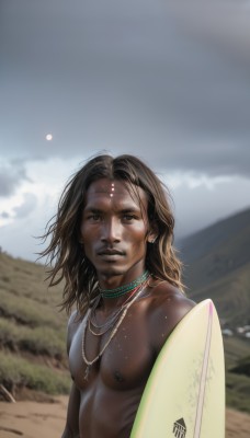 solo,long hair,looking at viewer,smile,brown hair,1boy,holding,brown eyes,jewelry,nipples,upper body,male focus,nude,earrings,outdoors,parted lips,sky,day,cloud,dark skin,medium hair,necklace,blurry,lips,wet,depth of field,blurry background,beach,dark-skinned male,cloudy sky,freckles,topless male,realistic,sand,wet hair,surfboard,black hair,weapon,facial hair,piercing,pectorals,shield,circlet,toned male,holding shield,desert,head chain