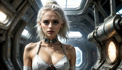 HQ,1girl,solo,breasts,looking at viewer,short hair,blue eyes,cleavage,bare shoulders,jewelry,medium breasts,collarbone,upper body,ponytail,white hair,parted lips,choker,necklace,mole,collar,lips,makeup,freckles,science fiction,injury,realistic,nose,dirty,bruise,dirty face,indoors,scar,sunlight,backlighting,spacecraft