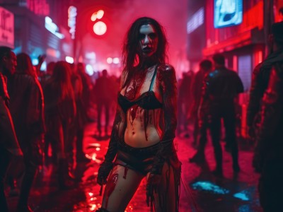 1girl,long hair,breasts,looking at viewer,black hair,navel,holding,cleavage,medium breasts,underwear,standing,weapon,outdoors,multiple boys,shorts,solo focus,midriff,holding weapon,bra,blurry,gun,short shorts,blood,mask,night,blurry background,black shorts,piercing,knife,black bra,blood on face,city,mouth mask,blood on clothes,navel piercing,zombie,blood splatter,blood on hands,crowd,blood on weapon,red moon,neon lights,swimsuit,bikini,torn clothes,denim,front-tie top,bikini top only,injury,street