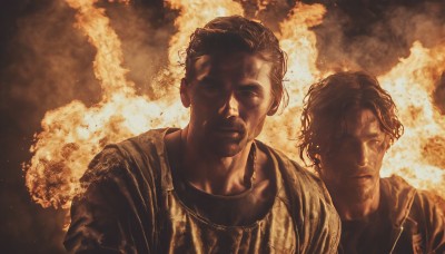 looking at viewer,short hair,shirt,jewelry,closed mouth,jacket,monochrome,upper body,male focus,multiple boys,2boys,necklace,facial hair,fire,beard,smoke,realistic,stubble,manly,explosion,sepia,brown theme,mustache,orange theme