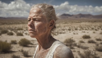 solo,short hair,blonde hair,shirt,1boy,brown eyes,closed mouth,white shirt,upper body,male focus,outdoors,one eye closed,sky,day,cloud,blurry,blurry background,scar,tank top,portrait,scar on face,realistic,old,white tank top,dirty,photo background,desert,dirty face,blue sky,depth of field,frown,single hair bun,cloudy sky,rock,mountain,field,old man,wrinkled skin