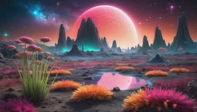 flower,outdoors,sky,water,tree,no humans,night,moon,grass,star (sky),nature,night sky,scenery,full moon,starry sky,reflection,rock,mountain,fantasy,mushroom,red moon,red sky,cloud,plant,landscape,shooting star,reflective water