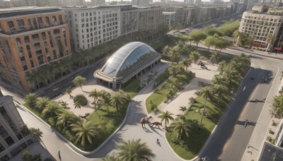 outdoors,day,tree,no humans,window,shadow,grass,plant,ground vehicle,building,scenery,motor vehicle,city,palm tree,car,road,ruins,street,truck,overgrown,crosswalk,post-apocalypse,realistic,bridge,skyscraper,bus