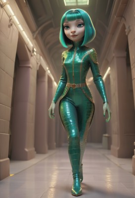 1girl,solo,breasts,looking at viewer,smile,short hair,bangs,blue eyes,medium breasts,closed mouth,standing,full body,small breasts,boots,green hair,shiny,belt,artist name,indoors,blunt bangs,nail polish,blurry,aqua eyes,lips,aqua hair,bodysuit,makeup,watermark,bob cut,crossed legs,skin tight,web address,buckle,zipper,walking,science fiction,belt buckle,realistic,nose,green nails,hallway,green bodysuit,green eyes,latex