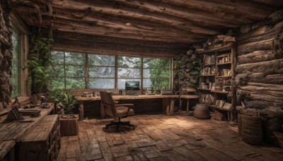 day,indoors,tree,book,no humans,window,chair,table,sunlight,plant,box,scenery,desk,wooden floor,bookshelf,potted plant,lamp,computer,monitor,shelf,bottle,cabinet