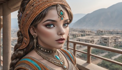 1girl,solo,long hair,looking at viewer,brown hair,brown eyes,jewelry,closed mouth,upper body,braid,earrings,outdoors,sky,day,dark skin,necklace,blurry,dark-skinned female,lips,eyelashes,single braid,makeup,blurry background,headband,building,gem,portrait,freckles,mountain,realistic,railing,headdress,red lips,mountainous horizon,hairband,parted lips,teeth,artist name,scenery,cityscape