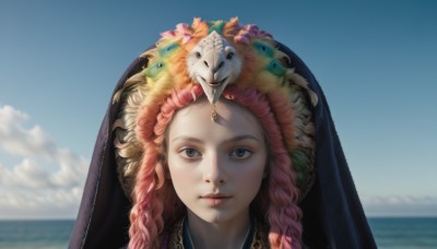 1girl,solo,long hair,looking at viewer,brown eyes,jewelry,closed mouth,pink hair,outdoors,sky,day,cloud,water,blurry,blue sky,lips,grey eyes,dutch angle,mask,depth of field,blurry background,bird,ocean,animal,expressionless,gem,portrait,veil,freckles,realistic,nose,horizon,on head,animal on head,blue eyes,flower,red hair