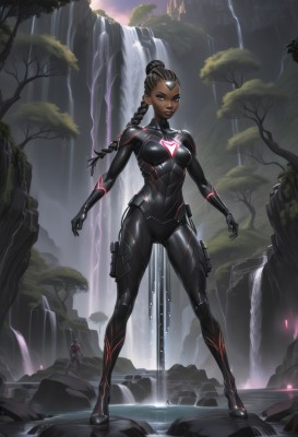 1girl,long hair,breasts,looking at viewer,multiple girls,brown hair,black hair,2girls,brown eyes,medium breasts,standing,full body,weapon,braid,small breasts,outdoors,solo focus,dark skin,water,hair bun,twin braids,dark-skinned female,tree,lips,gun,single braid,bodysuit,covered navel,glowing,facial mark,skin tight,science fiction,legs apart,braided ponytail,black bodysuit,waterfall,neon trim,dreadlocks,solo,1boy,shiny clothes,very dark skin