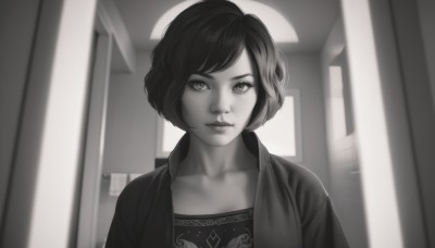 1girl,solo,looking at viewer,short hair,bangs,shirt,closed mouth,collarbone,jacket,monochrome,upper body,greyscale,open clothes,artist name,indoors,mole,blurry,lips,eyelashes,mole under eye,swept bangs,watermark,realistic,nose,door,makeup,freckles