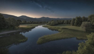 outdoors,sky,cloud,water,tree,no humans,night,grass,star (sky),nature,night sky,scenery,forest,starry sky,reflection,mountain,river,landscape,lake,reflective water,sunset