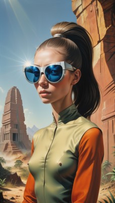 1girl,solo,long hair,breasts,brown hair,upper body,ponytail,small breasts,outdoors,parted lips,sky,teeth,day,dark skin,covered nipples,dark-skinned female,tree,blue sky,lips,sunlight,sunglasses,high ponytail,building,realistic,nose,sun,raglan sleeves,ruins,tinted eyewear,hair pulled back,desert,black hair,makeup,lipstick,forehead