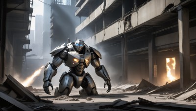 HQ,solo,blue eyes,armor,no humans,kneeling,glowing,fire,robot,building,mecha,glowing eyes,smoke,science fiction,city,realistic,ruins,damaged,open hands,power armor,debris,rubble,military,military vehicle,dust,super robot