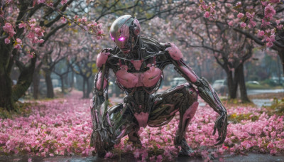 solo, flower, outdoors, pink eyes, tree, no humans, glowing, squatting, robot, cherry blossoms, glowing eyes, pink flower, science fiction, one knee, humanoid robot