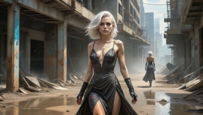 HQ,1girl,breasts,looking at viewer,short hair,blue eyes,multiple girls,blonde hair,gloves,dress,2girls,cleavage,bare shoulders,medium breasts,standing,collarbone,white hair,outdoors,sleeveless,solo focus,day,black gloves,fingerless gloves,black dress,lips,makeup,building,side slit,walking,realistic,ruins,1boy,lipstick,wind,dirty