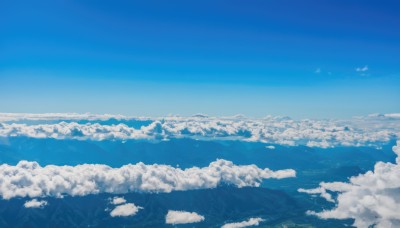 monochrome,outdoors,sky,day,cloud,blue sky,no humans,bird,cloudy sky,nature,scenery,flying,blue theme,mountain,horizon,landscape,above clouds,ocean,forest