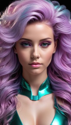 1girl,solo,long hair,breasts,looking at viewer,blue eyes,large breasts,simple background,cleavage,jewelry,medium breasts,closed mouth,green eyes,upper body,pink hair,purple hair,multicolored hair,earrings,lips,eyelashes,makeup,lipstick,black background,portrait,eyeshadow,curly hair,realistic,nose,stud earrings,eyeliner,mascara,collarbone,choker,shiny,artist name,signature,watermark,expressionless,web address,pink lips