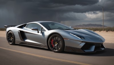 outdoors,sky,cloud,no humans,cloudy sky,ground vehicle,motor vehicle,car,road,vehicle focus,lamppost,grey sky,wheel,sports car,from side