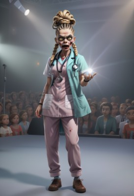 1girl,long hair,looking at viewer,open mouth,multiple girls,blonde hair,brown hair,shirt,hat,holding,jewelry,standing,full body,yellow eyes,braid,short sleeves,multiple boys,open clothes,shoes,teeth,solo focus,pants,twin braids,blood,mask,shadow,glowing,facial hair,brown footwear,pink dress,6+boys,watch,blood on face,nurse cap,wristwatch,nurse,blood on clothes,old,zombie,blood on hands,crowd,horror (theme),stethoscope,lights,spotlight,stage lights,doctor,flashlight,solo,multicolored hair