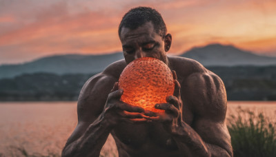 solo, short hair, black hair, 1boy, holding, upper body, male focus, outdoors, food, sky, dark skin, blurry, muscular, fruit, blurry background, facial hair, dark-skinned male, holding food, muscular male, bara, sunset, manly, holding fruit, orange (fruit)