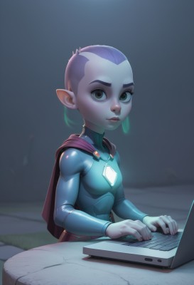 1girl,solo,breasts,looking at viewer,short hair,sitting,upper body,purple hair,small breasts,pointy ears,cape,lips,grey eyes,bodysuit,colored skin,table,computer,monitor,superhero,laptop,alien,keyboard (computer),mouse (computer),green eyes,realistic,nose