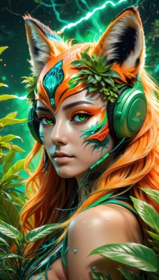 1girl,solo,long hair,breasts,looking at viewer,hair ornament,animal ears,bare shoulders,medium breasts,closed mouth,green eyes,upper body,flower,shiny,artist name,hair flower,orange hair,from side,lips,fox ears,eyelashes,sideboob,makeup,glowing,headgear,headphones,leaf,facial mark,plant,eyeshadow,headset,freckles,nose,electricity,eyeliner,lightning,sky,signature,watermark,portrait,web address,light particles,facepaint,vines