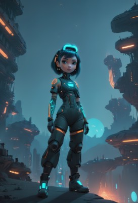 1girl,solo,looking at viewer,short hair,blue eyes,black hair,gloves,bare shoulders,standing,full body,earrings,outdoors,sky,sleeveless,armor,lips,bodysuit,night,glowing,headgear,halo,building,science fiction,city,black bodysuit,mechanical arms,cyborg,neon trim,spacecraft,cyberpunk,hologram,breasts,bangs,hair ornament,jewelry,blue hair,small breasts,boots,signature,makeup,swept bangs,robot,backlighting,nose,arms at sides,android,stud earrings,joints,robot joints