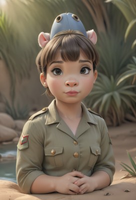 1girl,solo,breasts,looking at viewer,smile,short hair,bangs,brown hair,shirt,long sleeves,animal ears,brown eyes,jewelry,closed mouth,upper body,earrings,outdoors,day,water,blurry,uniform,lips,fingernails,military,military uniform,buttons,depth of field,blurry background,animal,own hands together,sleeves rolled up,freckles,pocket,rock,on head,stud earrings,breast pocket,animal on head,badge,jacket,artist name,eyelashes,fake animal ears,thick eyebrows,extra ears,realistic,nose