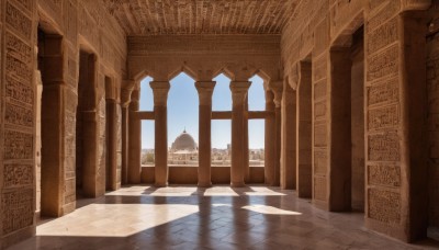 outdoors,sky,day,cloud,blue sky,book,no humans,window,shadow,sunlight,building,scenery,stairs,architecture,pillar,library,arch,column,indoors,water,tree,reflection,statue,reflective floor