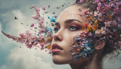 1girl, solo, short hair, blue eyes, brown hair, flower, parted lips, sky, teeth, cloud, lips, eyelashes, makeup, bug, butterfly, portrait, freckles, realistic, nose