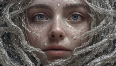 1girl,solo,looking at viewer,blue eyes,blonde hair,closed mouth,water,lips,eyelashes,portrait,close-up,reflection,realistic,nose,eye focus,parted lips,freckles,water drop,splashing