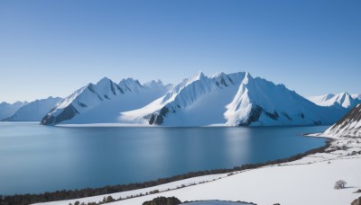 outdoors,sky,day,water,tree,blue sky,no humans,nature,scenery,snow,forest,reflection,mountain,river,landscape,mountainous horizon,lake,ice,rock,winter