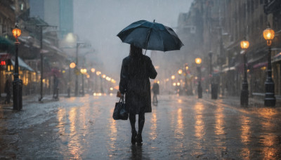 1girl, holding, standing, outdoors, bag, from behind, black footwear, blurry, night, depth of field, umbrella, building, scenery, reflection, walking, rain, holding umbrella, city, road, holding bag, lamppost, street