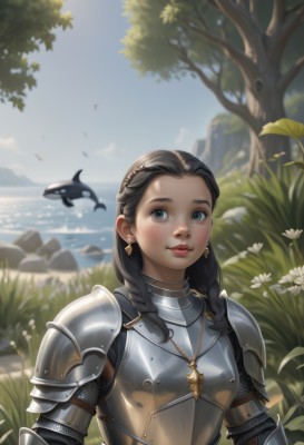 1girl,solo,long hair,looking at viewer,smile,blue eyes,black hair,jewelry,closed mouth,upper body,braid,flower,earrings,outdoors,sky,day,water,necklace,armor,blurry,twin braids,tree,blue sky,lips,blurry background,bird,ocean,grass,white flower,shoulder armor,gauntlets,freckles,pauldrons,breastplate,rock,realistic,nose,fantasy,knight,chainmail,plate armor,blush,forehead,daisy