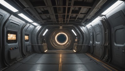 indoors,no humans,window,scenery,reflection,science fiction,realistic,cable,spacecraft,cockpit,robot,close-up,machinery,tiles,light,space,tile floor,screen