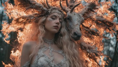 1girl,solo,long hair,breasts,blonde hair,dress,cleavage,bare shoulders,jewelry,medium breasts,closed eyes,upper body,parted lips,horns,white dress,blurry,tree,lips,blurry background,animal,wavy hair,facial mark,fire,nature,forest,skull,realistic,antlers,deer,large breasts,earrings,wings,bird