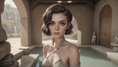 1girl,solo,breasts,looking at viewer,short hair,brown hair,dress,cleavage,bare shoulders,brown eyes,medium breasts,closed mouth,collarbone,upper body,indoors,water,white dress,lips,halterneck,plant,freckles,realistic,nose,pillar,statue,black hair,detached sleeves,day,thick eyebrows,backlighting,criss-cross halter,pool,mole on cheek