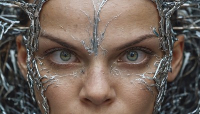 1girl,solo,looking at viewer,black hair,green eyes,water,blurry,eyelashes,portrait,close-up,forehead,reflection,ice,realistic,bald,eye focus,freckles