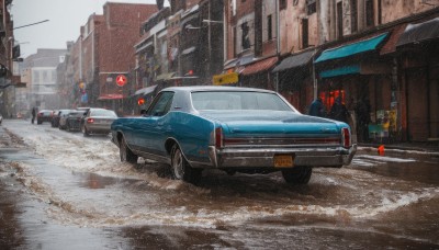 outdoors,no humans,ground vehicle,building,scenery,motor vehicle,snow,snowing,city,sign,realistic,car,road,winter,vehicle focus,lamppost,street,traffic light,sports car,truck,sky,day,window,rain,road sign,real world location