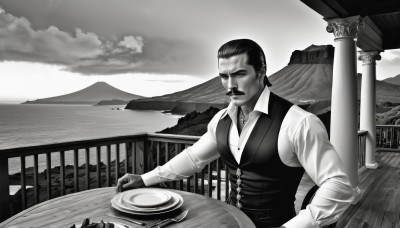 solo,shirt,gloves,long sleeves,1boy,jewelry,sitting,monochrome,greyscale,male focus,outdoors,sky,collared shirt,cloud,vest,facial hair,table,cloudy sky,plate,mountain,realistic,mustache,railing,manly,food,ocean,knife