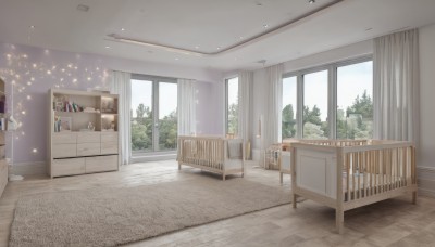 sky,day,cloud,indoors,tree,book,no humans,window,bed,shadow,chair,table,sunlight,plant,curtains,box,scenery,wooden floor,stairs,door,bookshelf,lamp,shelf,floor,carpet,desk,tiles,tile floor,cabinet,reflective floor