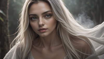 1girl,solo,long hair,looking at viewer,blonde hair,bare shoulders,closed mouth,collarbone,upper body,white hair,outdoors,blurry,tree,lips,grey eyes,depth of field,blurry background,portrait,nature,forehead,forest,freckles,realistic,nose,jewelry,green eyes,earrings,parted lips,teeth,eyelashes,makeup