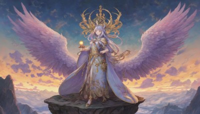 1girl,solo,long hair,breasts,looking at viewer,bangs,long sleeves,dress,holding,jewelry,very long hair,closed mouth,standing,full body,yellow eyes,grey hair,outdoors,wings,sky,cloud,wide sleeves,cape,halo,cloudy sky,scenery,feathered wings,gold trim,sunset,angel wings,robe,mountain,white wings,angel,twilight,multiple wings,red eyes,white hair,white dress,high heels,floating hair,blue dress,crown,fantasy,long dress,sun,orb,mountainous horizon