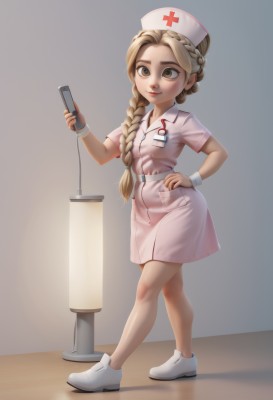 1girl,solo,long hair,smile,blonde hair,hat,dress,holding,brown eyes,closed mouth,standing,full body,braid,short sleeves,shoes,grey background,hand on hip,white footwear,pink dress,hair over shoulder,pocket,nurse cap,collared dress,nurse,id card,clipboard,red cross,looking at viewer,simple background,loli,phone,cellphone,smartphone,holding phone