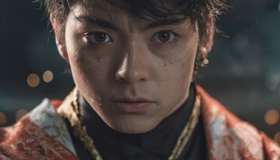 solo,looking at viewer,short hair,bangs,brown hair,shirt,black hair,1boy,brown eyes,jewelry,closed mouth,jacket,male focus,earrings,necklace,blurry,lips,black shirt,depth of field,blurry background,piercing,portrait,realistic,dirty,bokeh,chain necklace,turtleneck,close-up,nose,dirty face