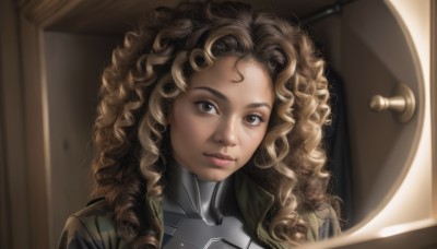 1girl,solo,long hair,looking at viewer,smile,blonde hair,brown hair,brown eyes,closed mouth,upper body,dark skin,armor,dark-skinned female,lips,portrait,curly hair,breastplate,realistic,nose,door,ringlets,watermark