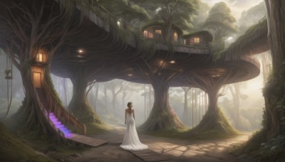 1girl,solo,short hair,brown hair,black hair,dress,bare shoulders,standing,outdoors,dark skin,white dress,dark-skinned female,tree,sunlight,grass,plant,nature,scenery,forest,stairs,fantasy,holding,from behind,vines,mushroom,overgrown