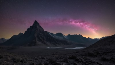 outdoors,sky,cloud,no humans,night,star (sky),nature,night sky,scenery,starry sky,sunset,rock,mountain,river,landscape,mountainous horizon,gradient sky,milky way